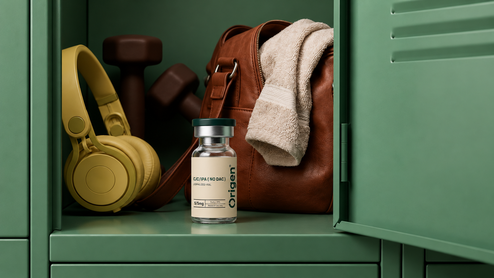 Origen CJC and Ipamorelin research vial in a green gym locker