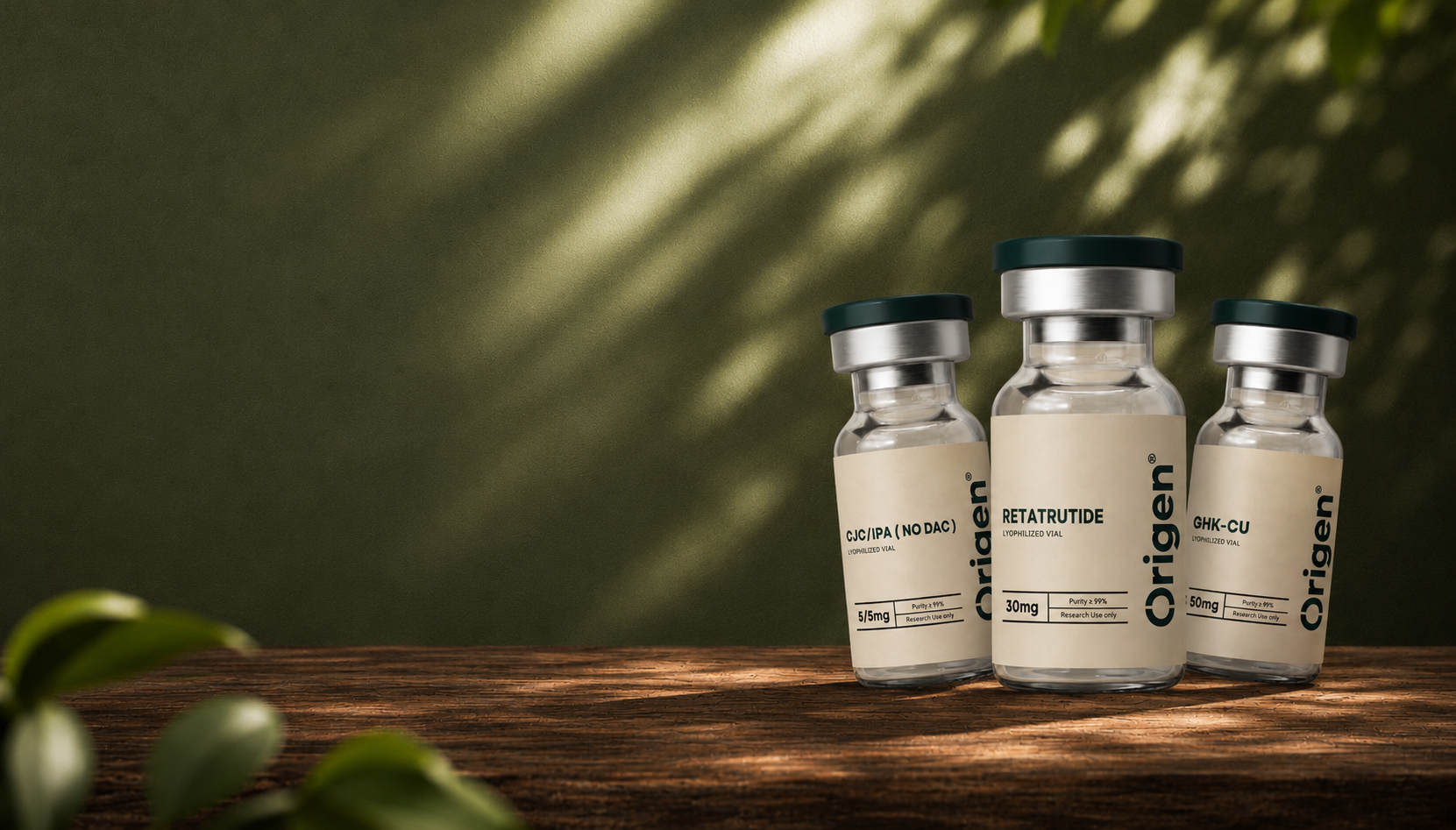 Origen vials in natural daylight on a wooden surface