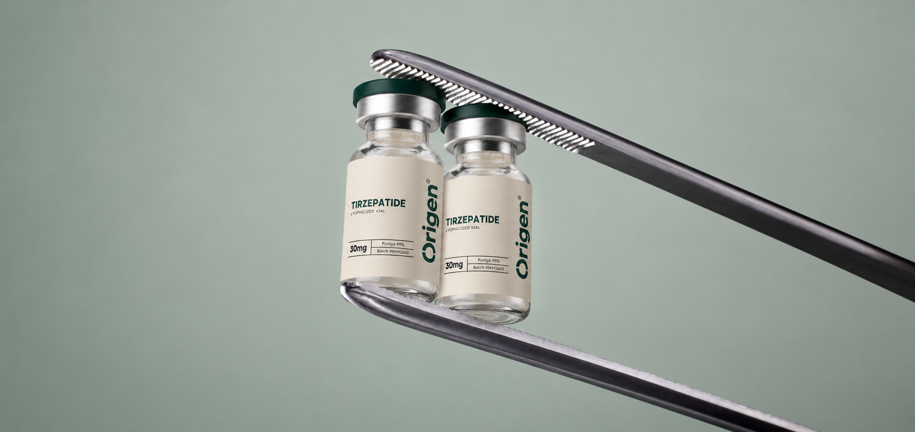 Two Origen Tirzepatide research vials held between laboratory forceps