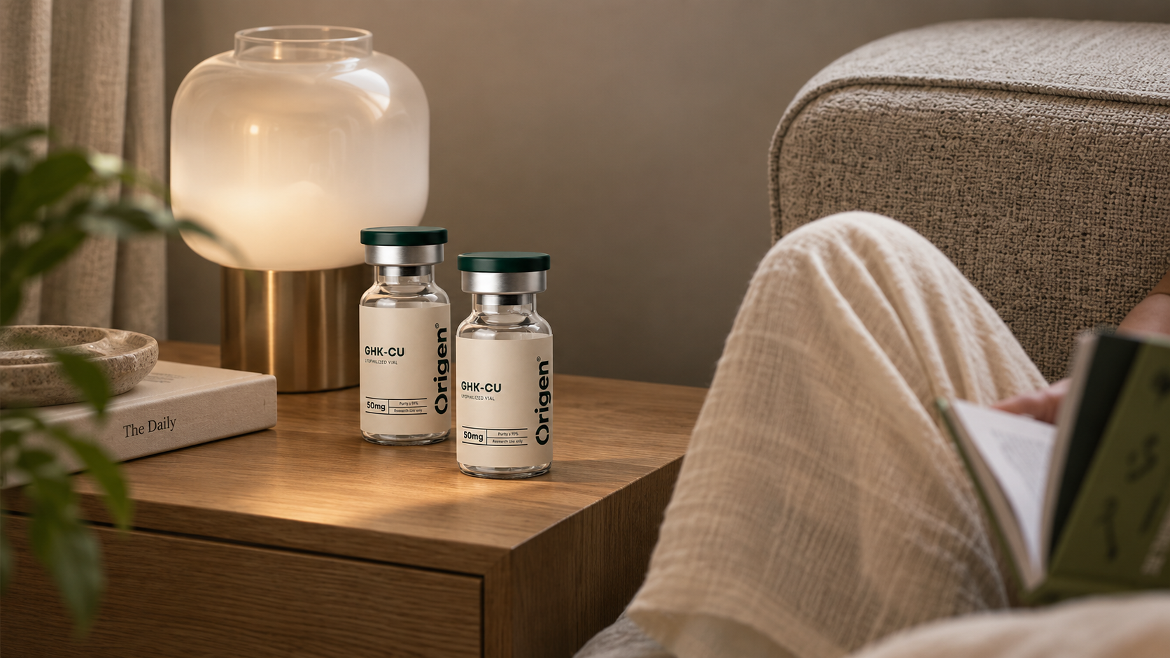 Origen GHK-Cu research vial with its characteristic blue copper-peptide solution
