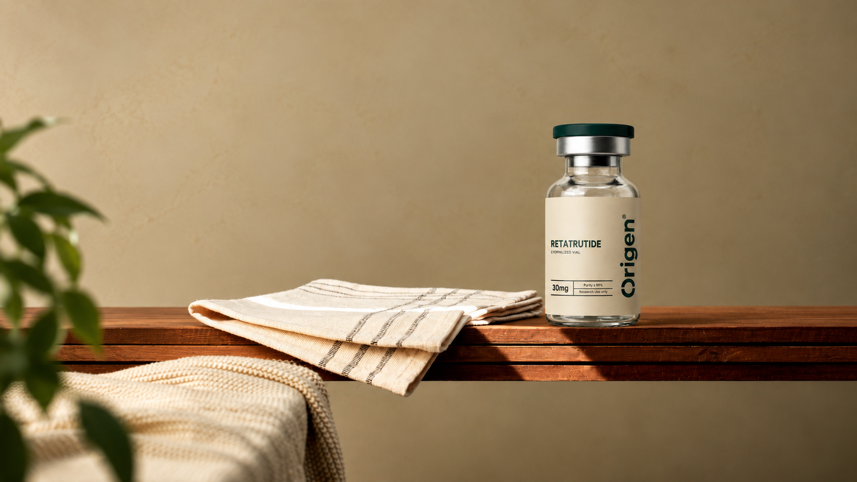Origen Retatrutide research vial on a sunlit wooden surface