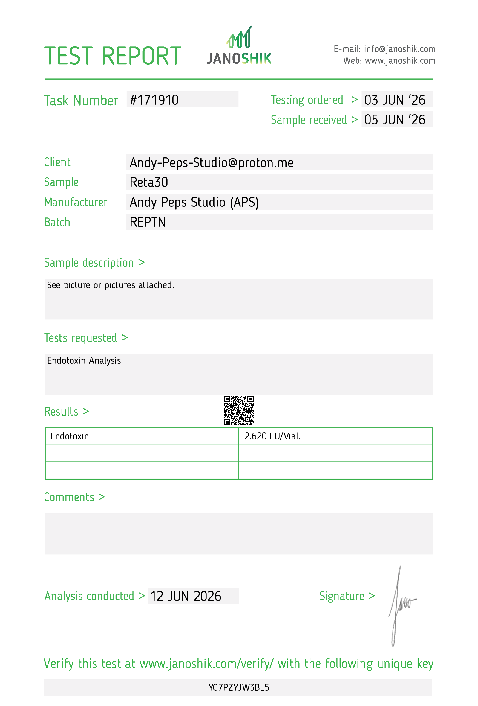 Retatrutide  ENDOTOXIN test report