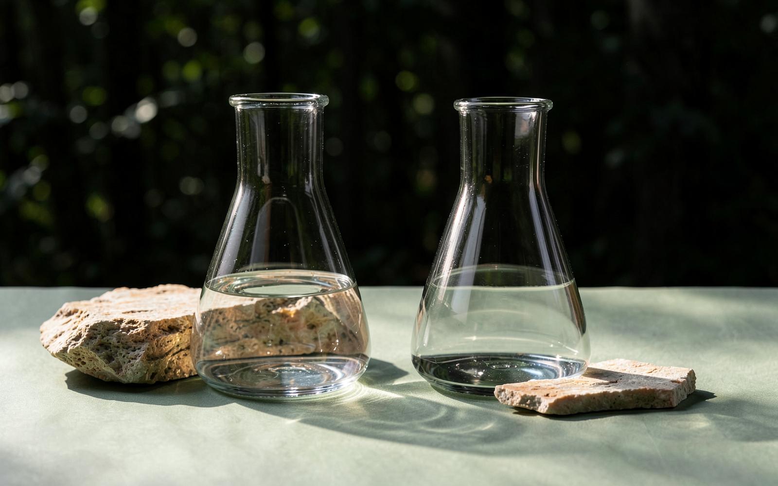 Two laboratory vessels in balanced composition under natural botanical light