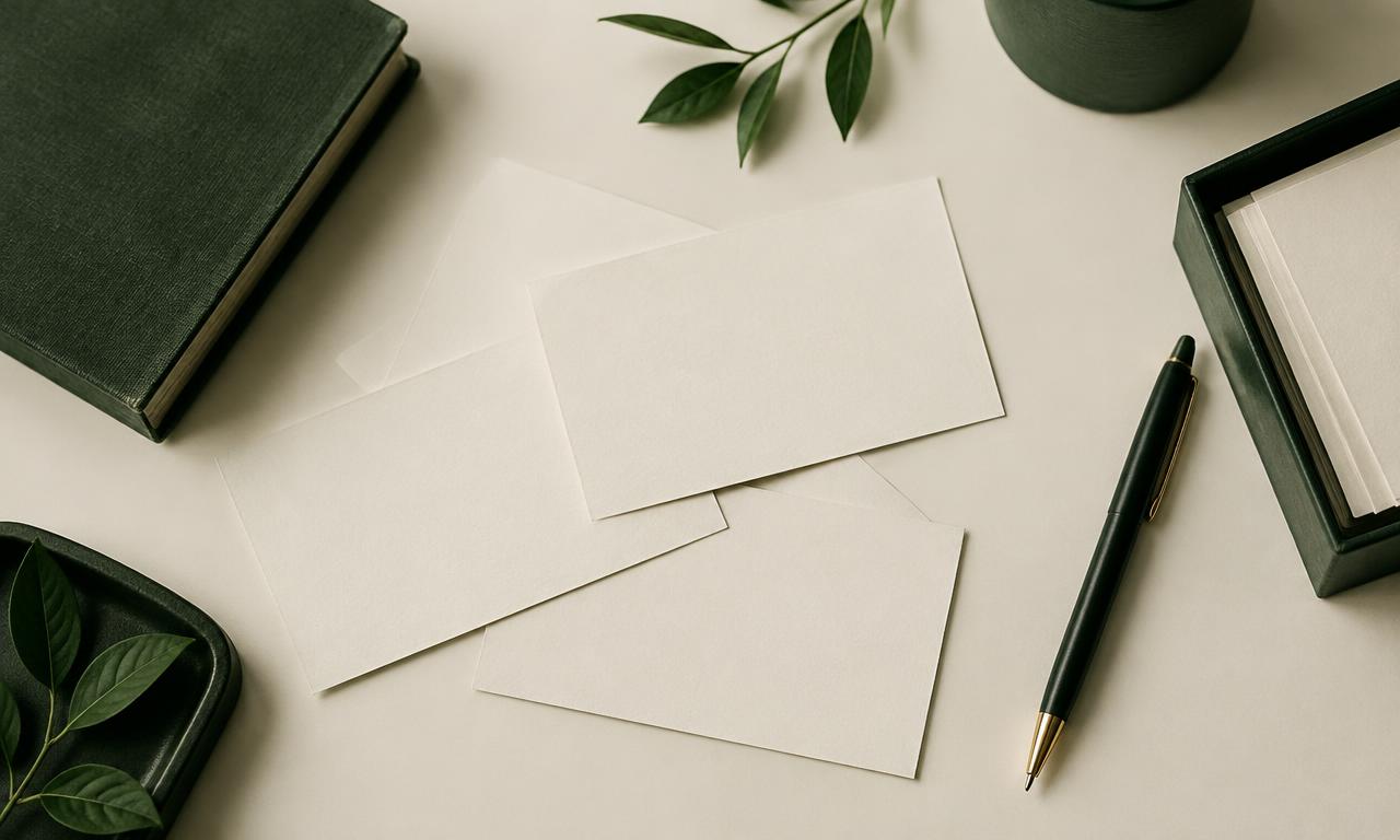 Blank archival index cards and a pen arranged on a pale desk beside a dark green book
