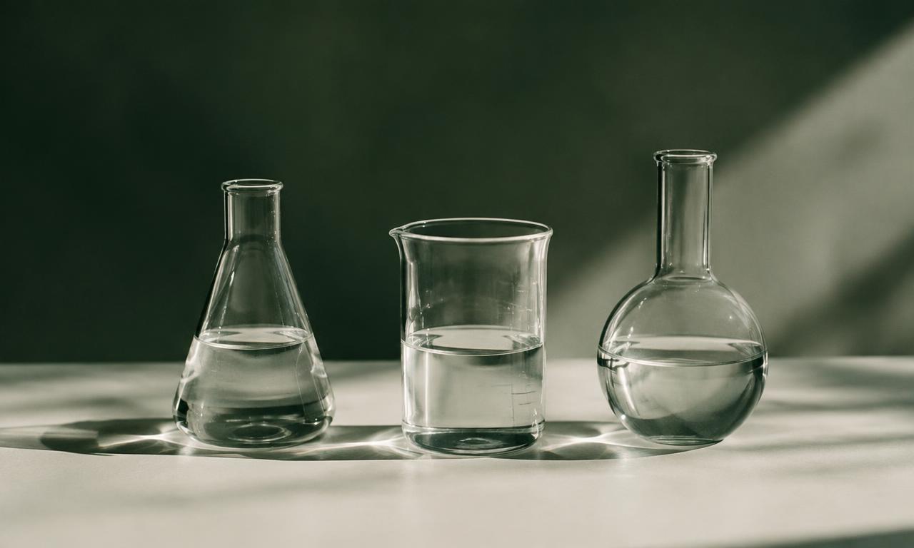 Three laboratory glass vessels in a row holding clear solutions on a pale surface