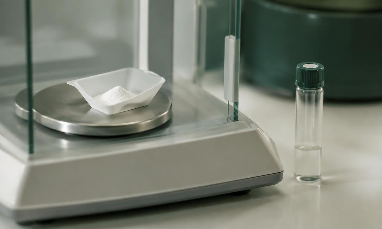 Analytical balance holding a weighing boat of white powder beside a glass sample vial