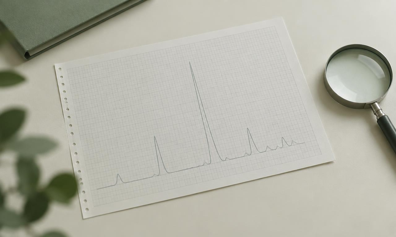 Chart paper showing a faint chromatogram trace beside a magnifying glass on a pale desk