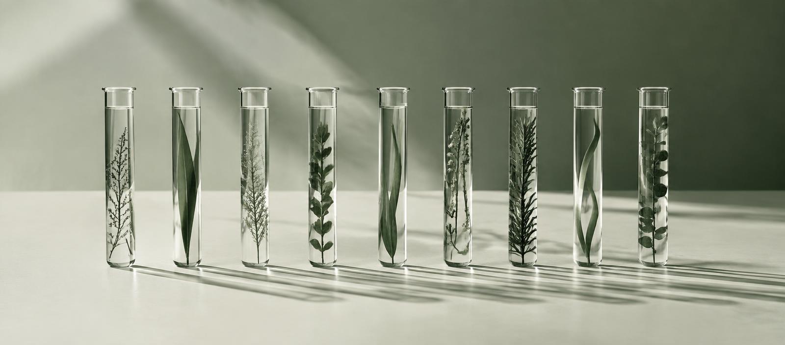 Research notes and a laboratory vial arranged on a bone-coloured surface