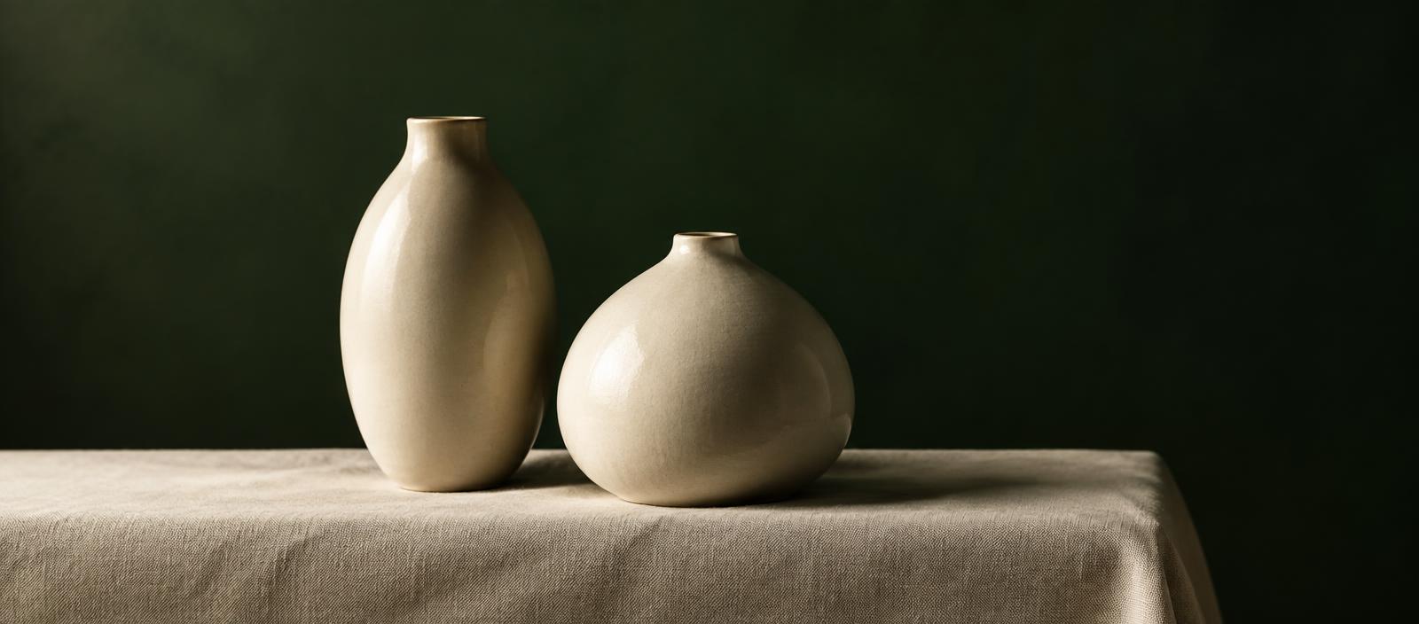 Two laboratory vials side by side on a neutral bone-coloured surface